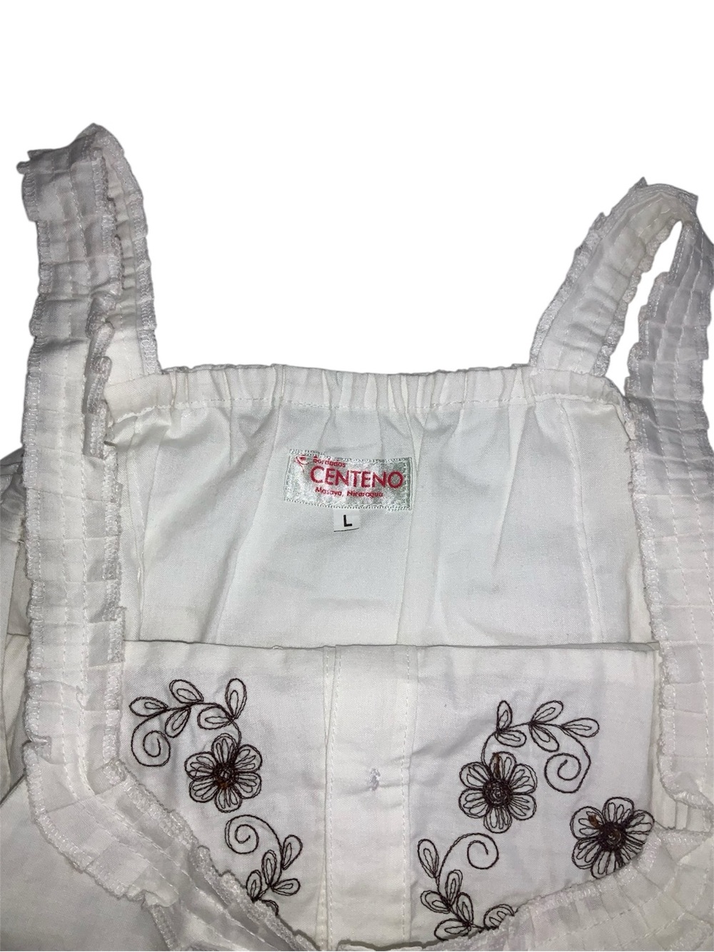 Hand made it White Sleeveless Button Front Top with Brown Floral Embroidery - Picture 5 of 6